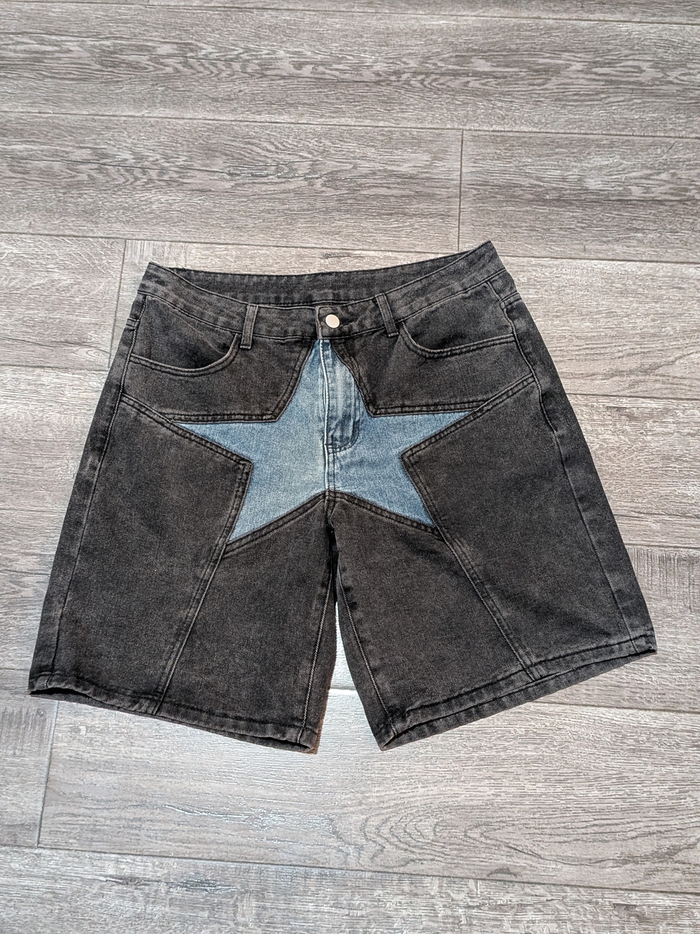 Men's Star Patchwork Denim Shorts Size 32 Jorts Y2K Black Blue Skater Grunge